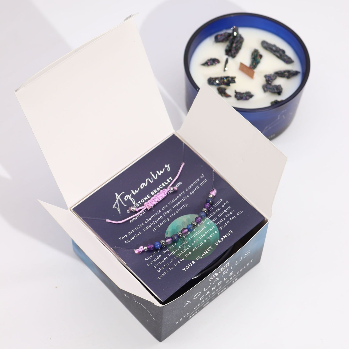 Zodiac Crystal Candle with Gemstone Bracelet - Aquarious - Spiru-shop.nl