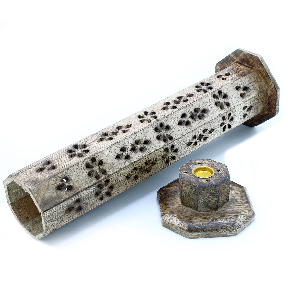 Hexagonal Incense Tower Smoke Box - Mango Wood - Spiru-shop.nl
