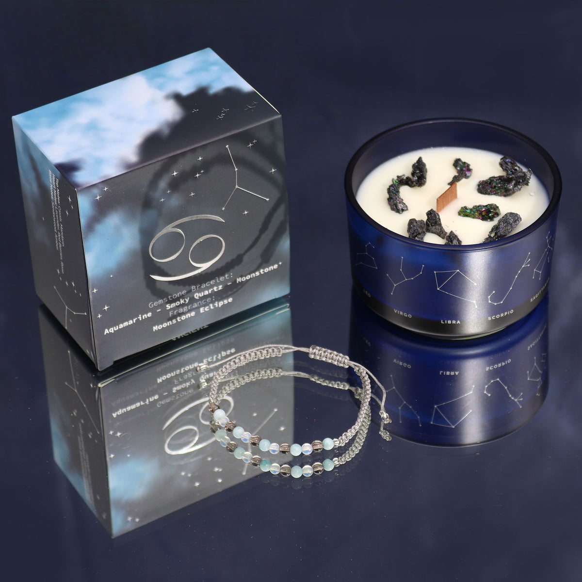 Zodiac Crystal Candle with Gemstone Bracelet - Cancer - Spiru-shop.nl