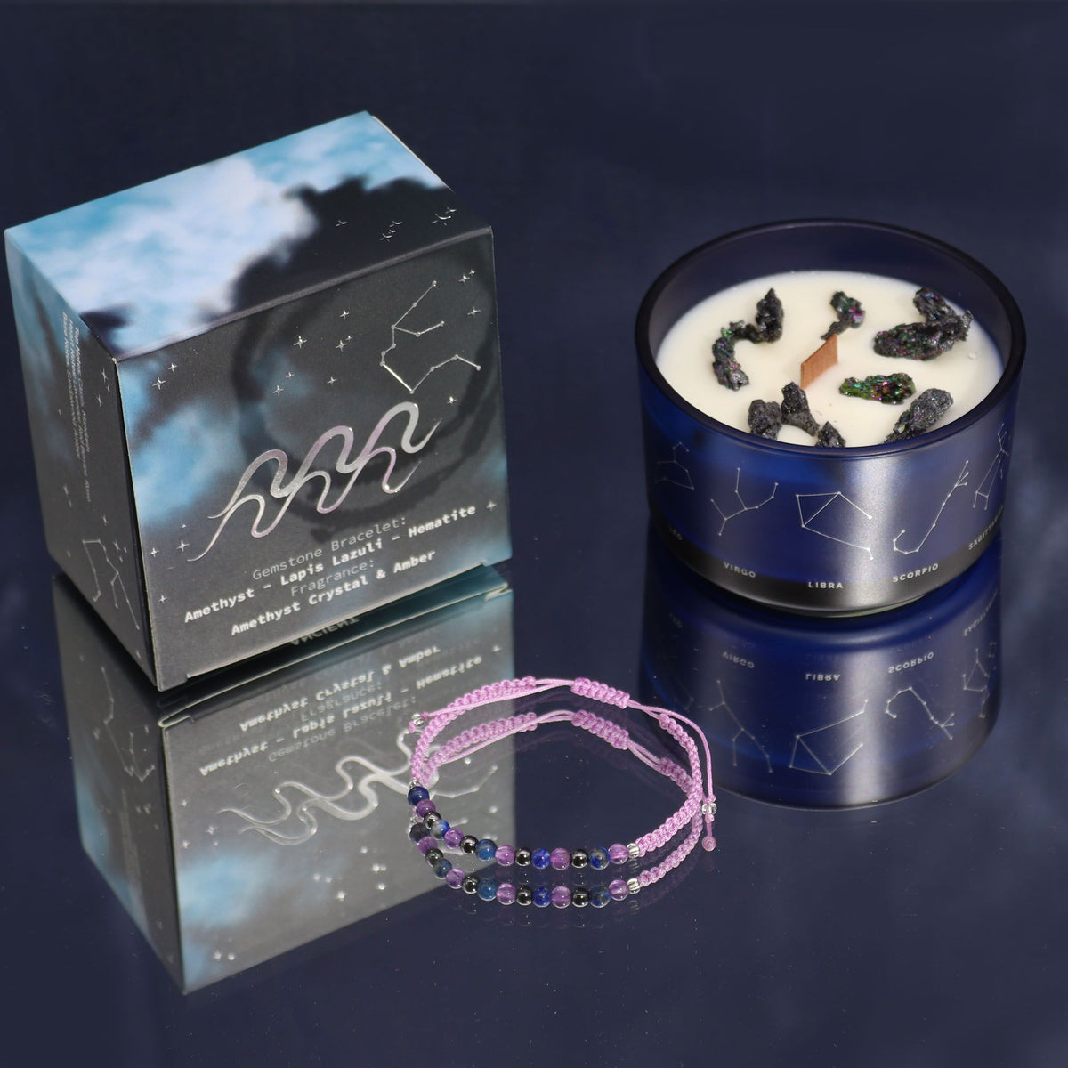 Zodiac Crystal Candle with Gemstone Bracelet - Aquarious - Spiru-shop.nl