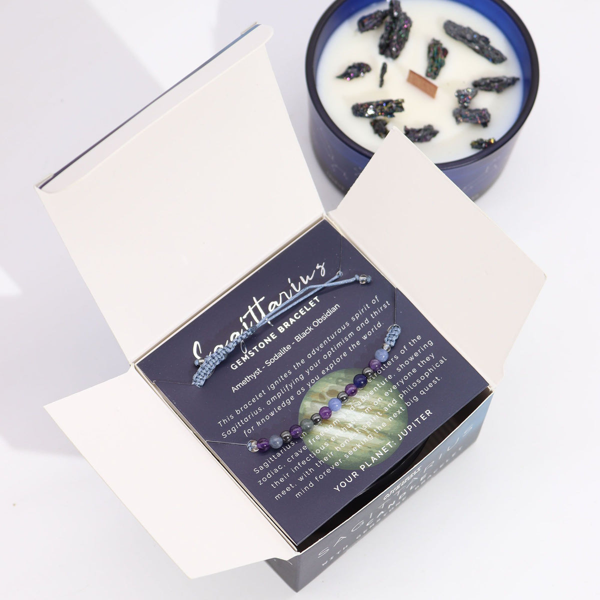 Zodiac Crystal Candle with Gemstone Bracelet - Sagittarius - Spiru-shop.nl