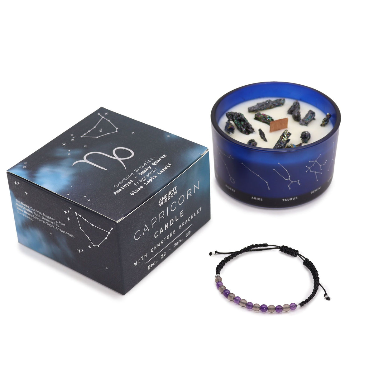 Zodiac Crystal Candle with Gemstone Bracelet - Capricorn - Spiru-shop.nl