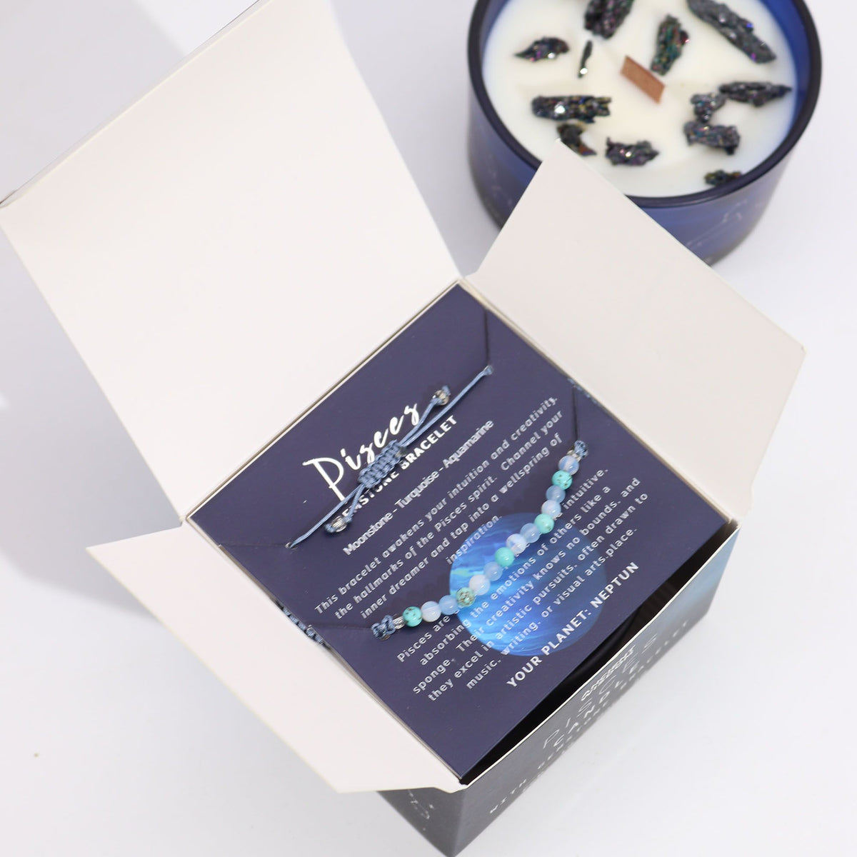 Zodiac Crystal Candle with Gemstone Bracelet - Pisces - Spiru-shop.nl