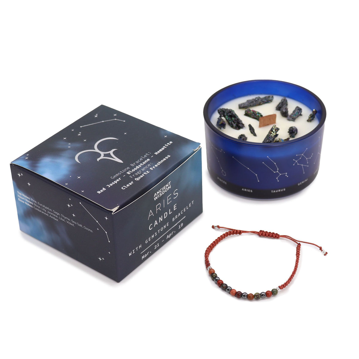 Zodiac Crystal Candle with Gemstone Bracelet - Aries - Spiru-shop.nl