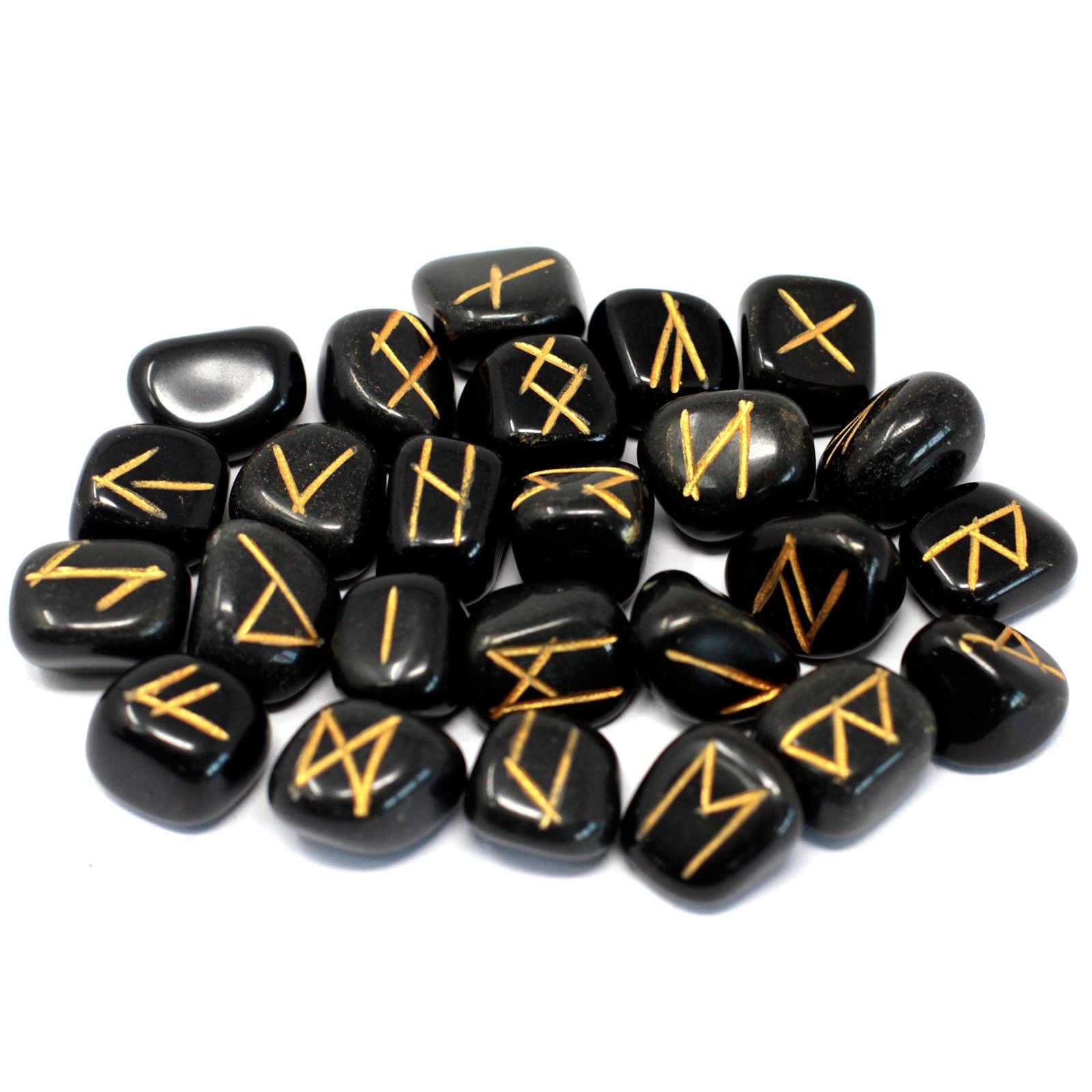 Runes Stone Set in Pouch - Black Agate - Spiru-shop.nl