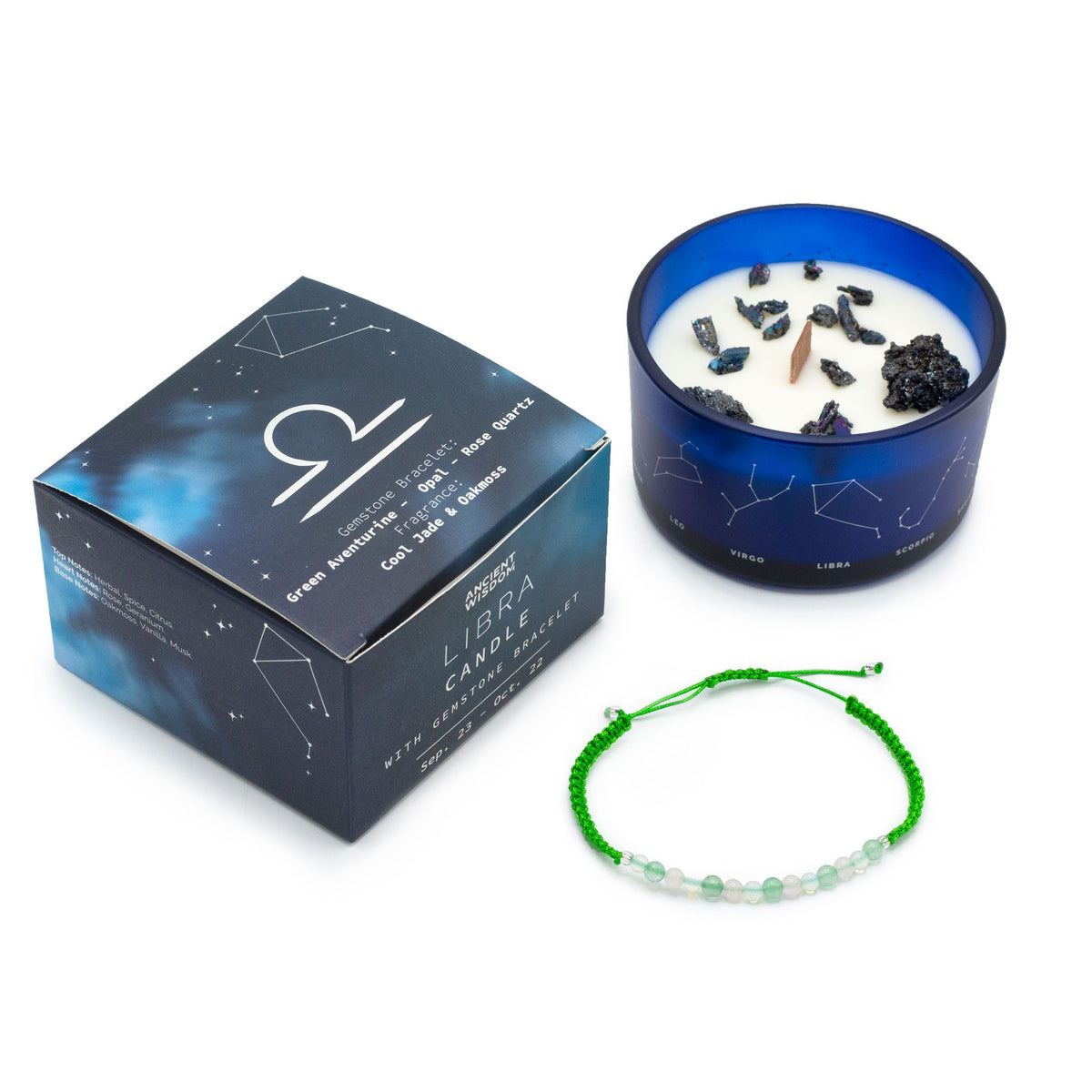 Zodiac Crystal Candle with Gemstone Bracelet - Libra - Spiru-shop.nl