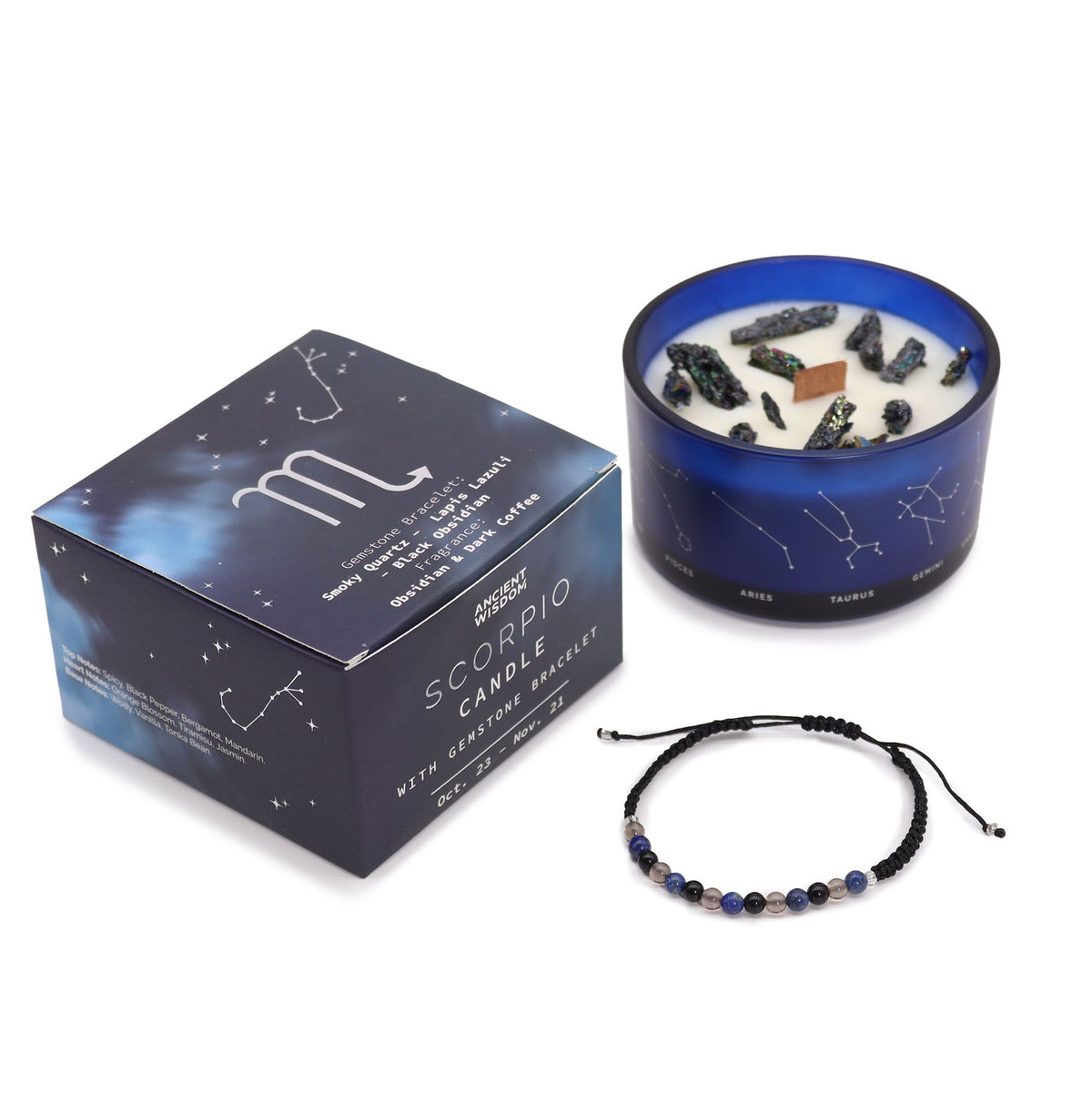 Zodiac Crystal Candle with Gemstone Bracelet - Scorpio - Spiru-shop.nl