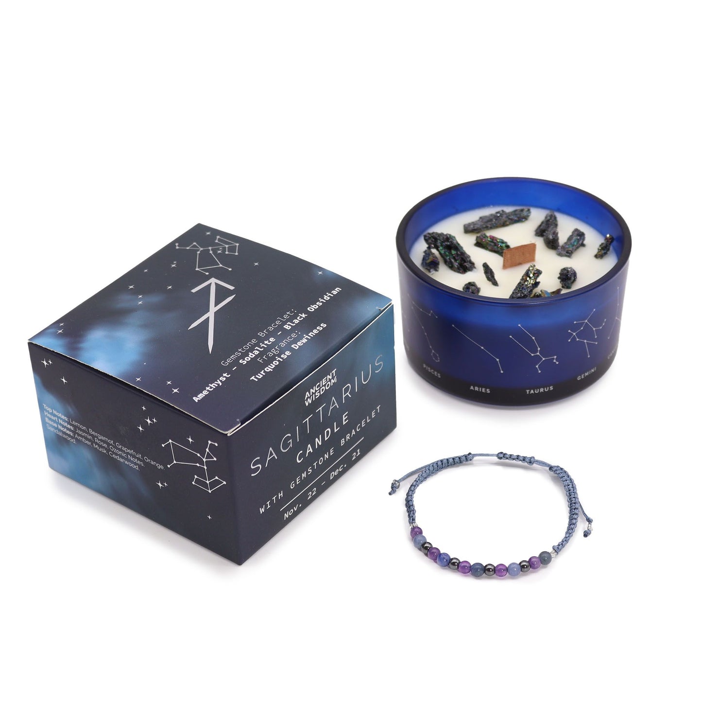 Zodiac Crystal Candle with Gemstone Bracelet - Sagittarius - Spiru-shop.nl