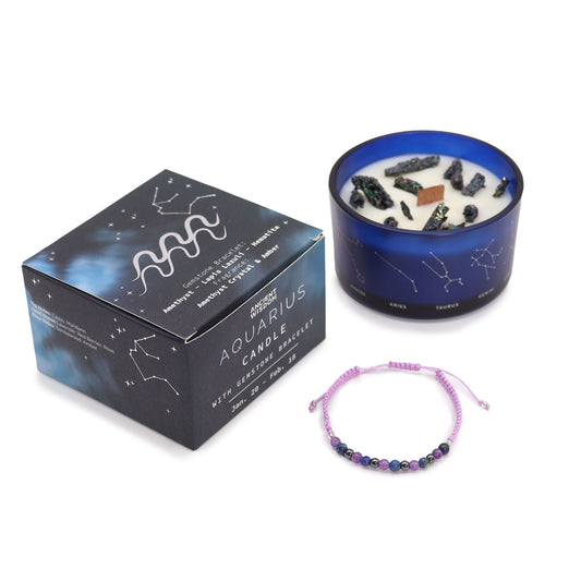 Zodiac Crystal Candle with Gemstone Bracelet - Aquarious - Spiru-shop.nl
