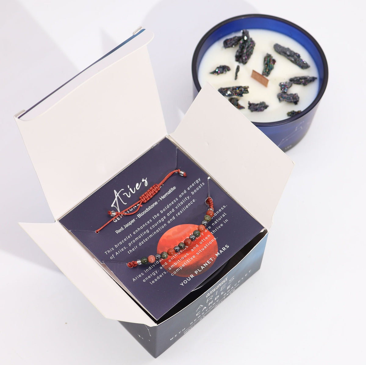 Zodiac Crystal Candle with Gemstone Bracelet - Aries - Spiru-shop.nl