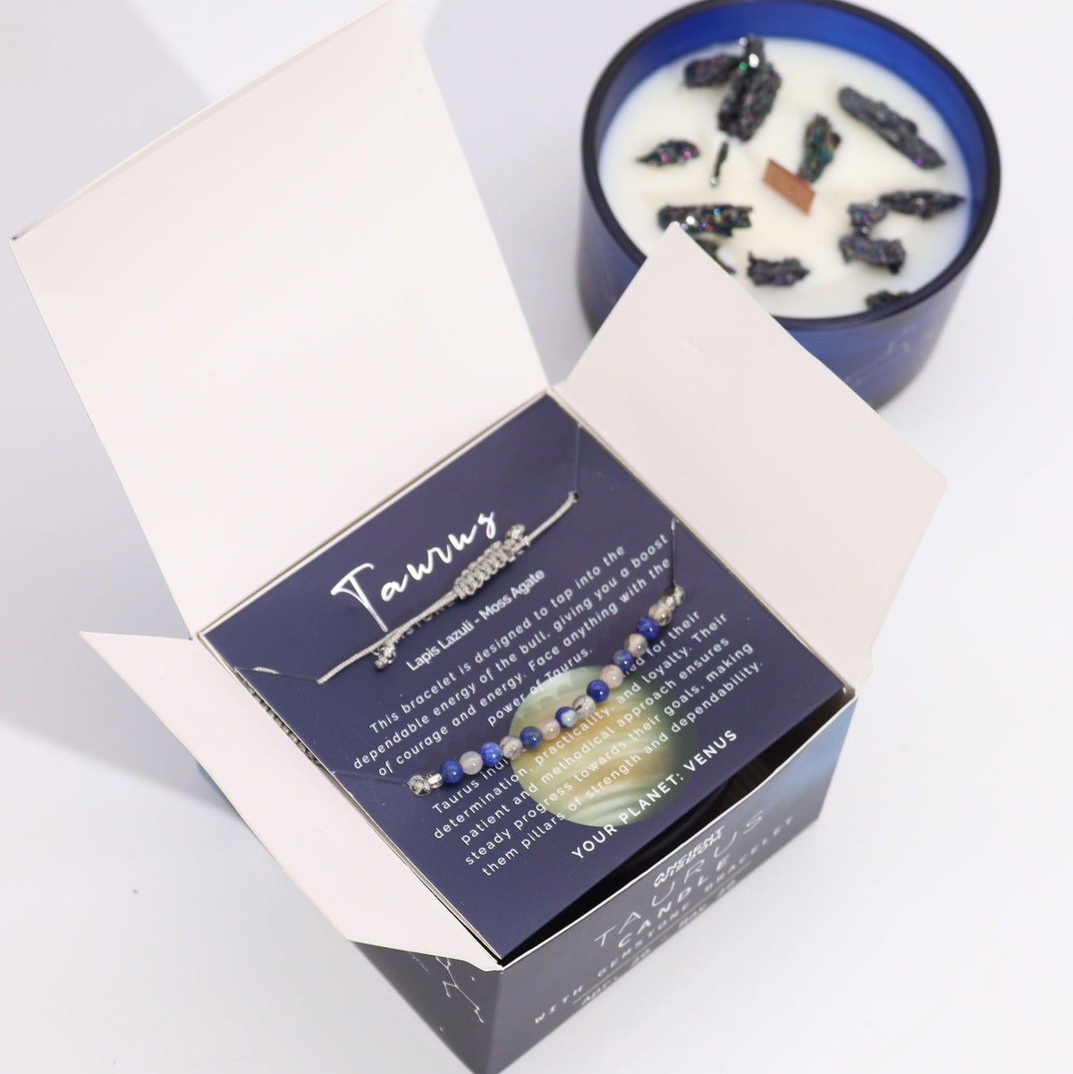 Zodiac Crystal Candle with Gemstone Bracelet - Taurus - Spiru-shop.nl