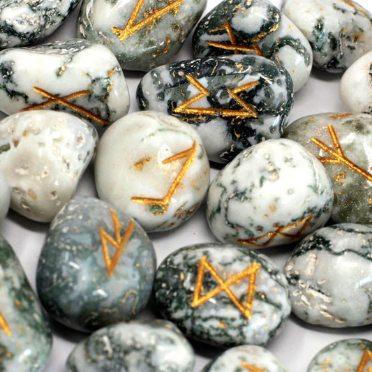 Runes Stone Set in Pouch - Tree Agate - Spiru-shop.nl