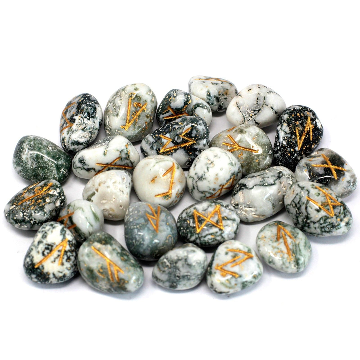 Runes Stone Set in Pouch - Tree Agate - Spiru-shop.nl