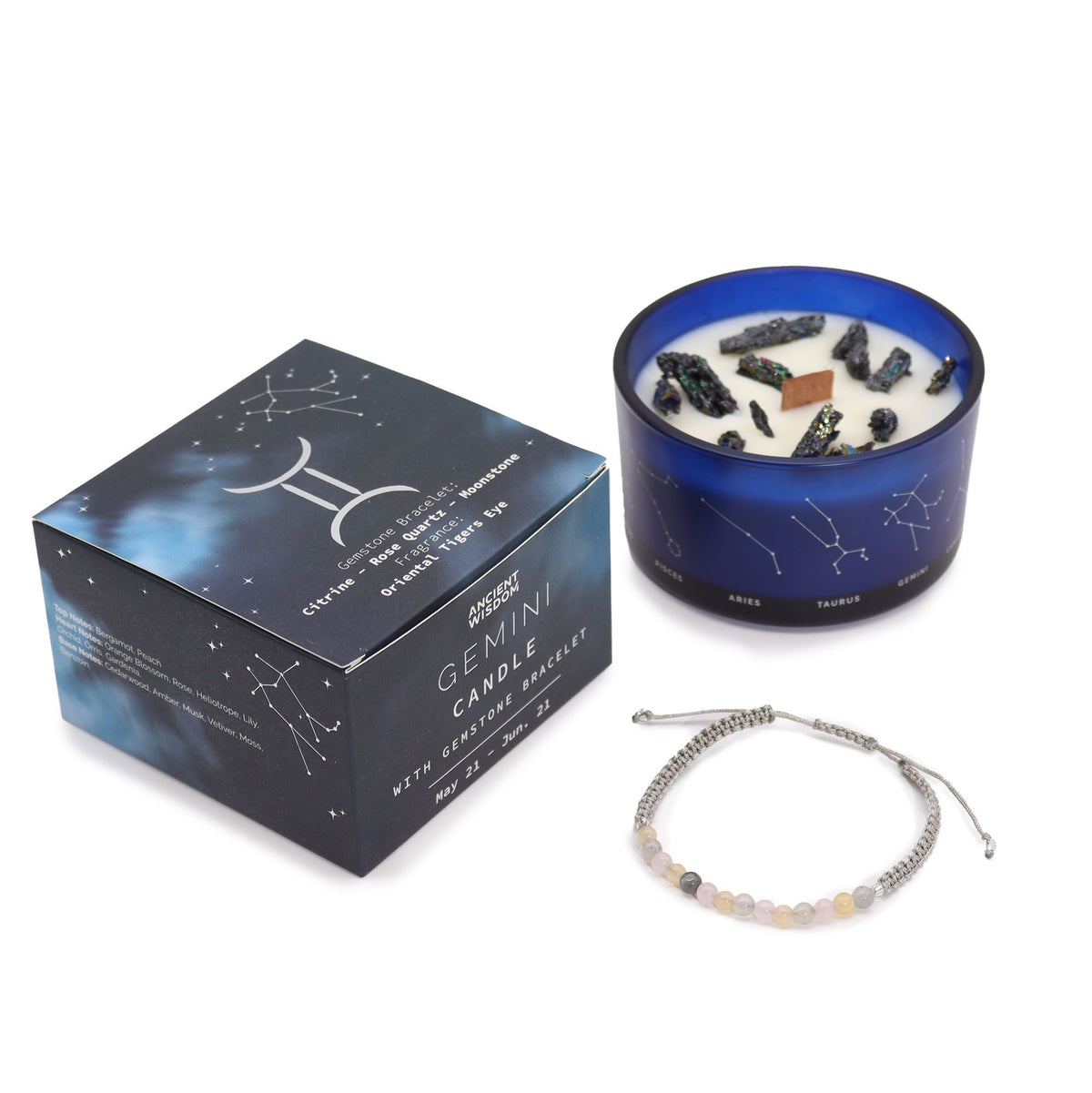 Zodiac Crystal Candle with Gemstone Bracelet - Gemini - Spiru-shop.nl