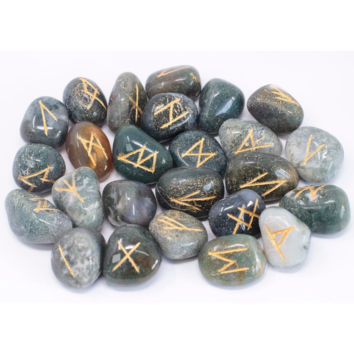 Runes Stone Set in Pouch - Moss Agate - Spiru-shop.nl