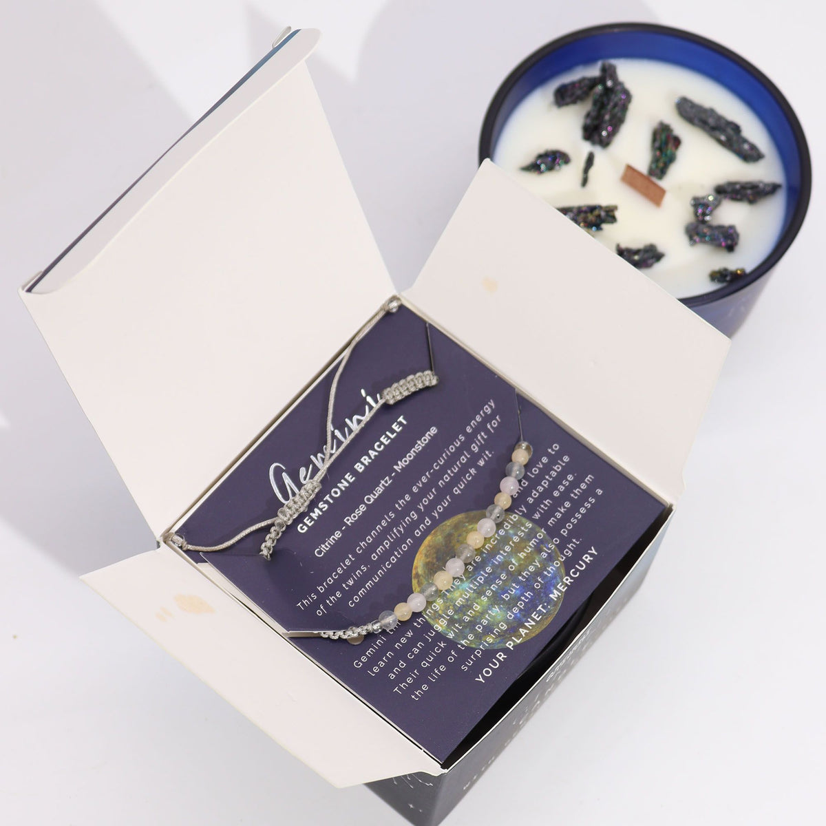 Zodiac Crystal Candle with Gemstone Bracelet - Gemini - Spiru-shop.nl
