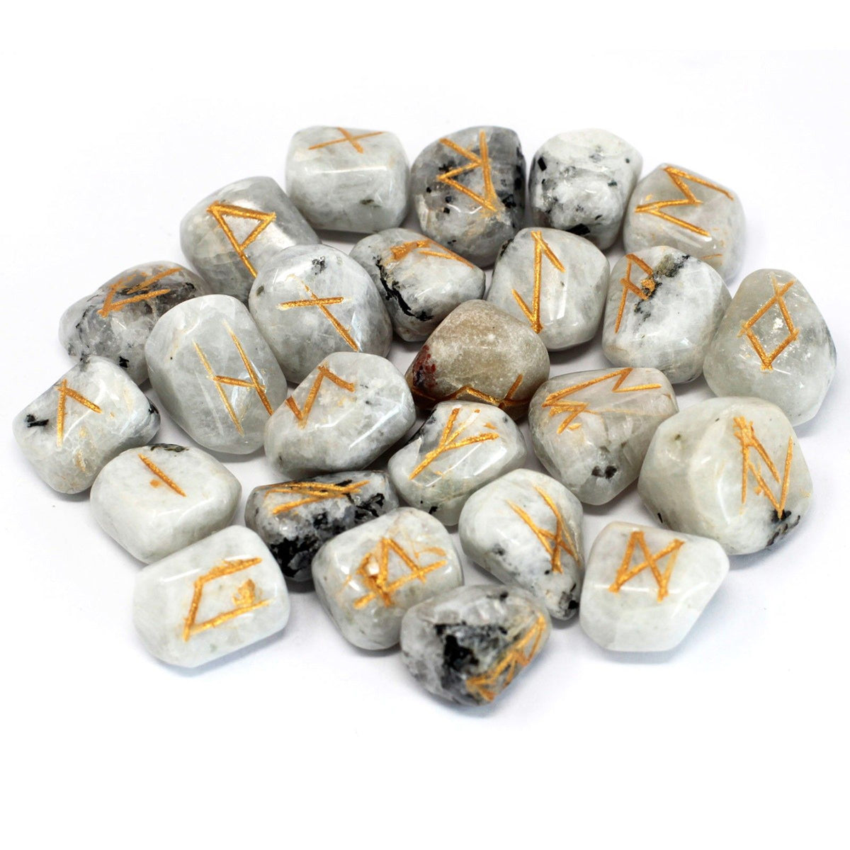 Runes Stone Set in Pouch - Rainbow Moonstone - Spiru-shop.nl